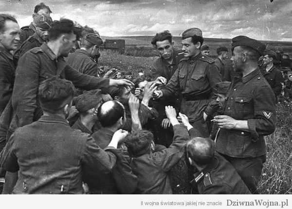 Sowieci częstują niemieckich jeńców papierosami. Łuk Kurski 1943